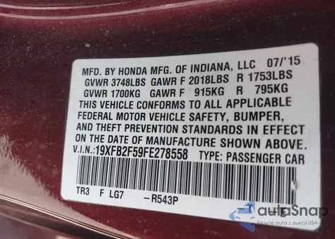 2015 Honda Civic Lx из США, поврежденный, VIN 19XFB2F59FE278558